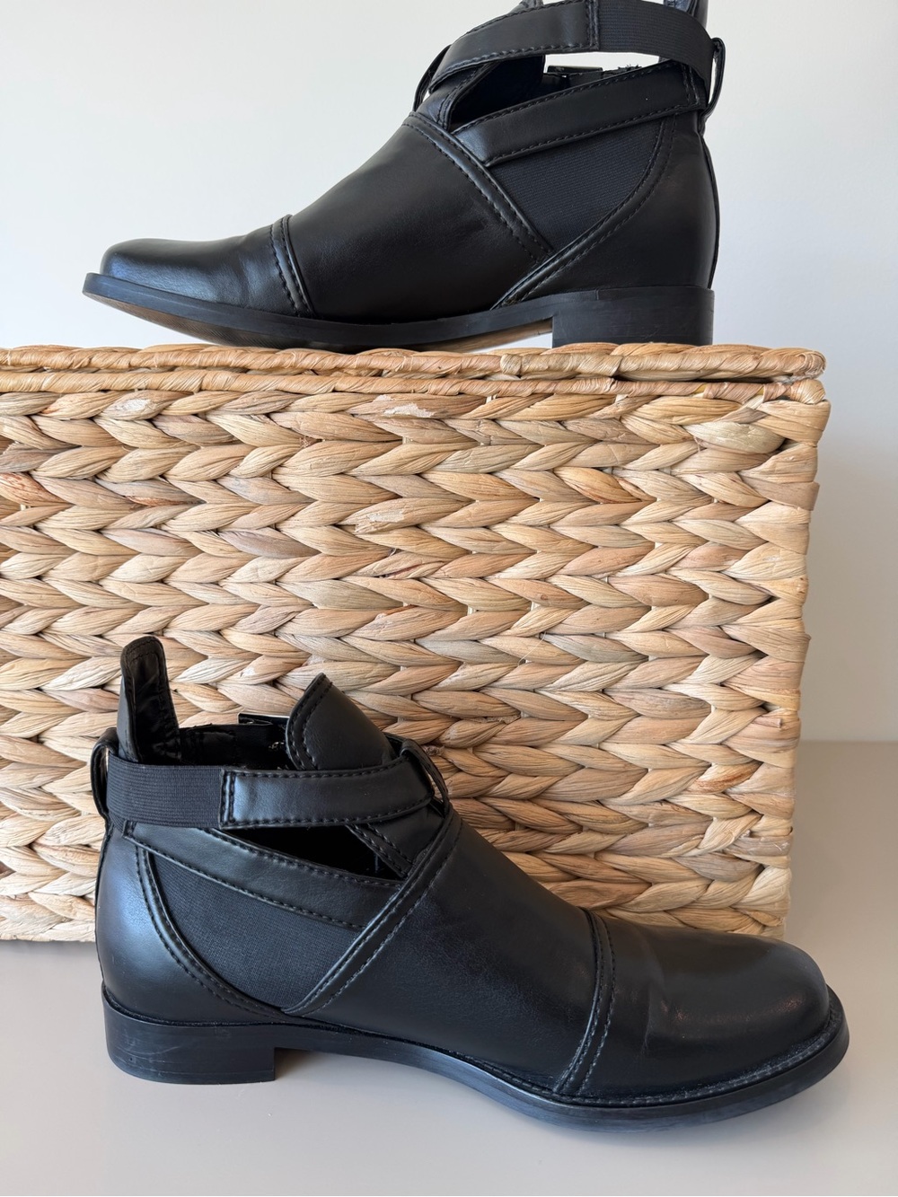 Armani Exchange Black Leather Strap and Buckle Flat Booties